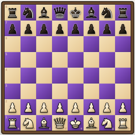 The Bible Chess board in purple and tan, ready for the first move